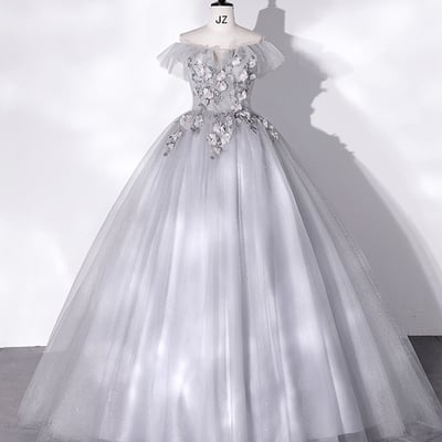 Gray tulle lace long prom dress formal gown - Thumbnail 1