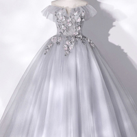 Gray tulle lace long prom dress formal gown - Thumbnail 2