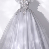 Gray tulle lace long prom dress formal gown - Thumbnail 5