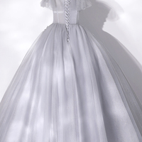 Gray tulle lace long prom dress formal gown - Thumbnail 4