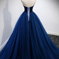 Blue velvet tulle long prom dress A line evening dress - Thumbnail 3