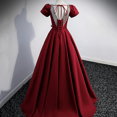 Burgundy satin beads long prom dress a line evening dress - Thumbnail 2