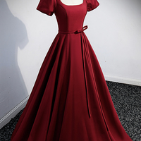 Burgundy satin beads long prom dress A line evening dress - Thumbnail 1