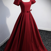Burgundy satin beads long prom dress A line evening dress - Thumbnail 3