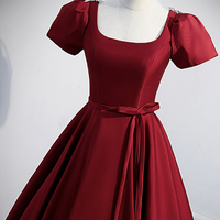 Burgundy satin beads long prom dress A line evening dress - Thumbnail 4