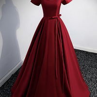 Burgundy satin beads long prom dress A line evening dress - Thumbnail 5