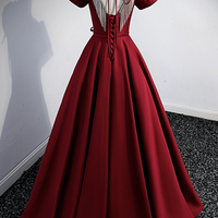 Burgundy satin beads long prom dress A line evening dress - Thumbnail 6