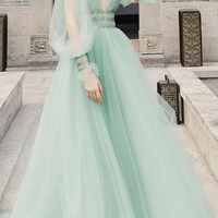 Green tulle sequins long prom dress green evening dress - Thumbnail 1