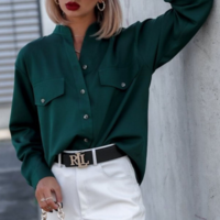 Women'S Solid Color Green Long Sleeve Pocket Shirt - Thumbnail 3