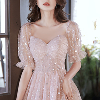 Pink tulle sequins short prom dress homecoming dress - Thumbnail 3