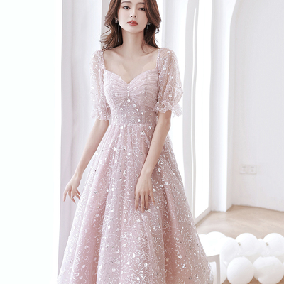 Pink tulle sequins short prom dress homecoming dress - Thumbnail 1