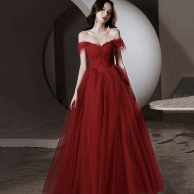 Red tull beads long prom dress a line evening dress