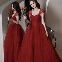 Red tull beads long prom dress A line evening dress - Thumbnail 1