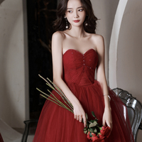 Red tull beads long prom dress A line evening dress - Thumbnail 3
