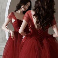 Red tull beads long prom dress A line evening dress - Thumbnail 2