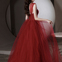 Red tull beads long prom dress A line evening dress - Thumbnail 5