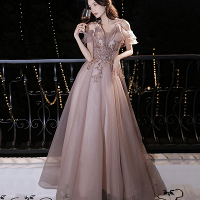 Cute tulle sequins long prom dress a line evening dress - Thumbnail 2