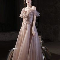 Cute tulle sequins long prom dress A line evening dress - Thumbnail 1