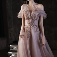 Cute tulle sequins long prom dress A line evening dress - Thumbnail 2