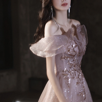 Cute tulle sequins long prom dress A line evening dress - Thumbnail 3