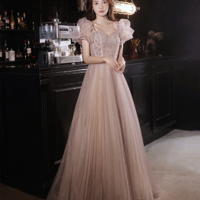 High quality tulle sequins long prom dress evening dress - Thumbnail 1