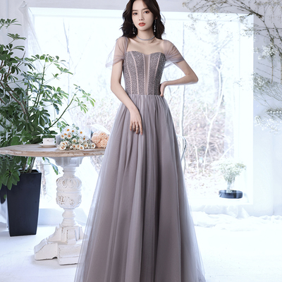 Gray tulle beads long prom dress a line evening dress - Thumbnail 2