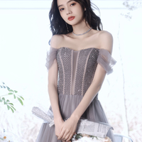 Gray tulle beads long prom dress A line evening dress - Thumbnail 1