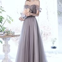 Gray tulle beads long prom dress A line evening dress - Thumbnail 2
