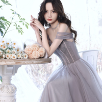 Gray tulle beads long prom dress A line evening dress - Thumbnail 3