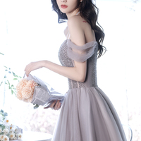 Gray tulle beads long prom dress A line evening dress - Thumbnail 4