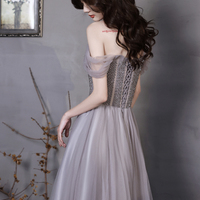 Gray tulle beads long prom dress A line evening dress - Thumbnail 6