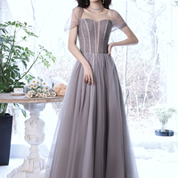 Gray tulle beads long prom dress A line evening dress - Thumbnail 7