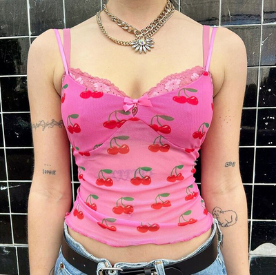 Cherry Printed Mesh Camisole Top