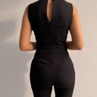 Slim Button Casual Sleeveless Black Jumpsuit - Thumbnail 1