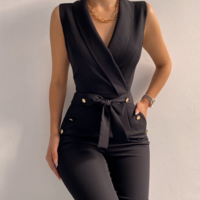 Slim Button Casual Sleeveless Black Jumpsuit - Thumbnail 2