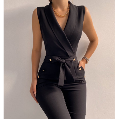 Slim button casual sleeveless black jumpsuit
