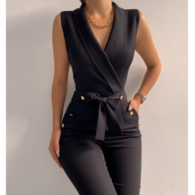 Slim Button Casual Sleeveless Black Jumpsuit