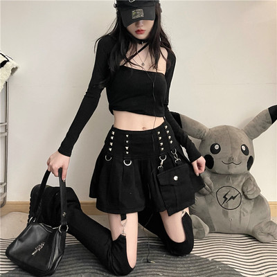 Rivet pleated hakama short skirt detachable two-wear jeans