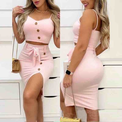 Sling pink button sleeveless two-piece set