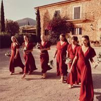 Romantic V Neck Rust Red Ruffled Sleeves Bridesmaid Dresses - Thumbnail 1