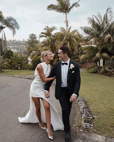 Chic Sheath High Neck White Wedding Dresses with Side Slit