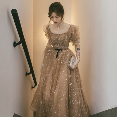 Cute tulle sequins long prom dress a line evening dress - Thumbnail 2