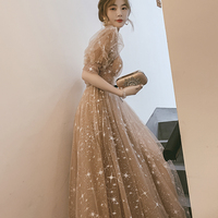 Cute tulle sequins long prom dress A line evening dress - Thumbnail 1