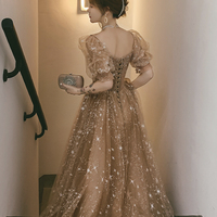 Cute tulle sequins long prom dress A line evening dress - Thumbnail 2