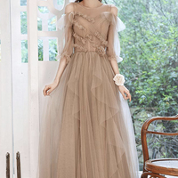 Cute tulle long prom dress A line evening dress - Thumbnail 1