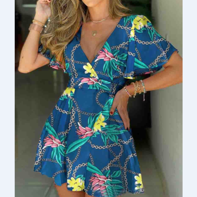 Fashion sexy v-neck short sleeve print dress