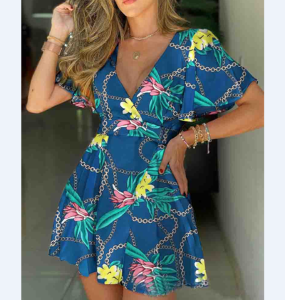 Fashion Sexy V-Neck Short Sleeve Print Dress