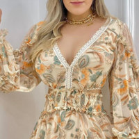 V-Neck Sexy Long Sleeve Print Dress - Thumbnail 1