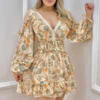 V-Neck Sexy Long Sleeve Print Dress - Thumbnail 2