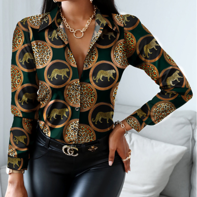 Women's leopard print long sleeve cardigan print shirt